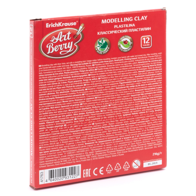 Пластилин EKRAUSE ArtBerry Aloe Vera 12 цветов со стеком, 216г