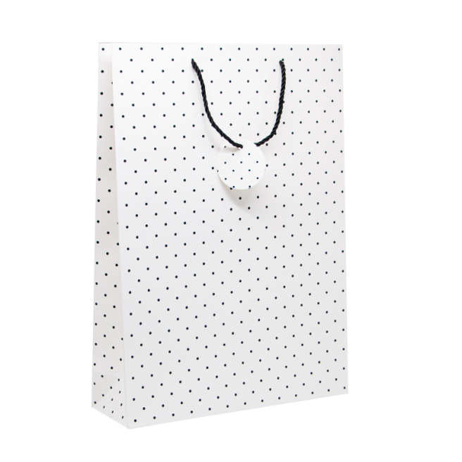 Pungă de cadouri albă cu buline 33x45,7x10,2, (mix 12 buc/pachet)