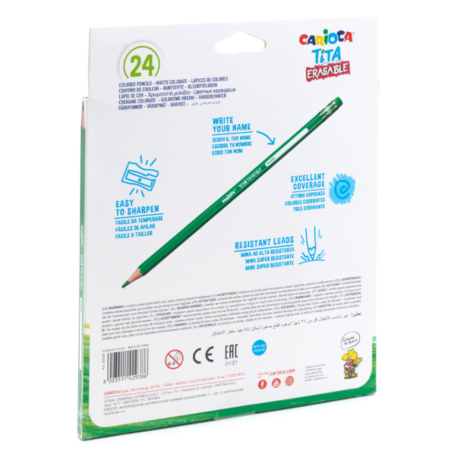 Карандаши цветные Carioca Tita, стираемые, пластиковые, 24 цветов