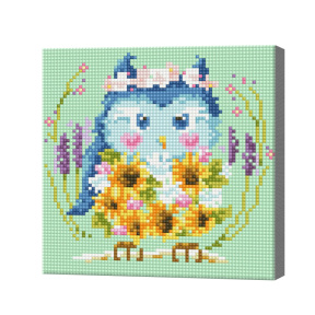 Голубая сова с букетом подсолнухов, 20x20 см, алмазная мозаика