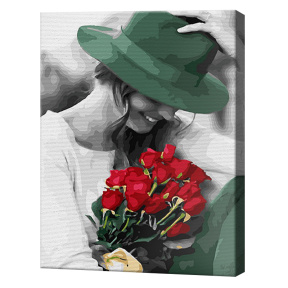 Fata cu un buchet de trandafiri roșii, 40x50cm, pictură pe numere