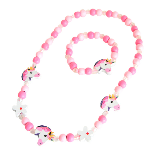 Set 2 buc. (mărgele+brățară) Unicorn, lemn, roz