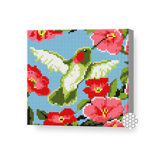 Colibri printre flori, 20x20 cm, mozaic cu diamante