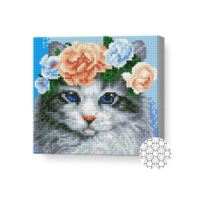 Pisicuța în coroniță de flori, 20x20 cm, mozaic cu diamante