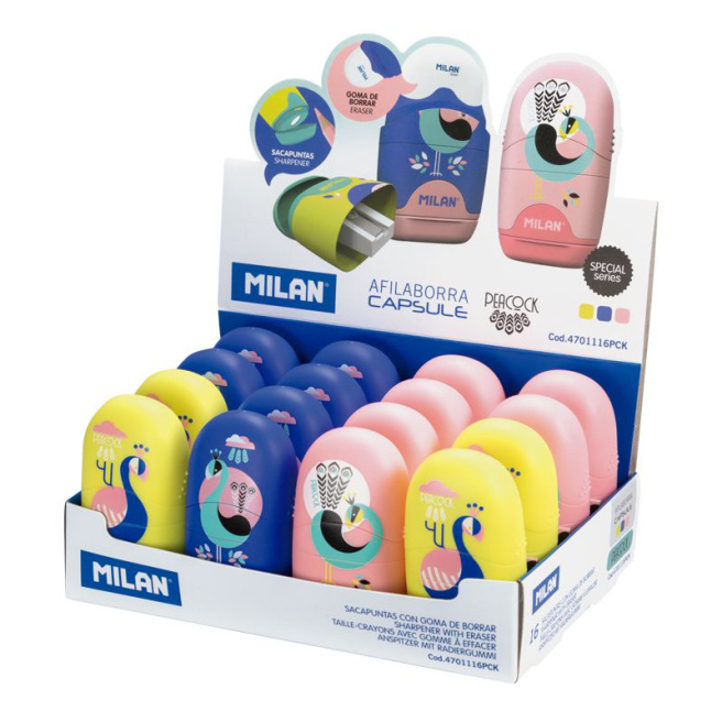 Точилка MILAN с контейнером+ластик "CAPSULE Peacock"