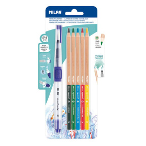 Creioane colorate MILAN, acuarelă, 5 culori+ periuță cu rezervor pentru apă