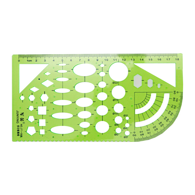 Riglă-trafaret cu raportor, 18 cm, verde