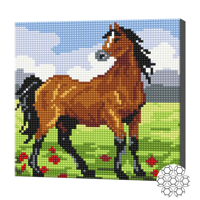 Mustang brun, 20x20 cm, mozaic cu diamante, cristale rotunde
