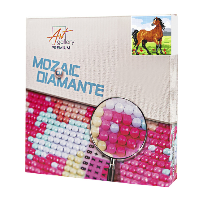 Mustang brun, 20x20 cm, mozaic cu diamante, cristale rotunde