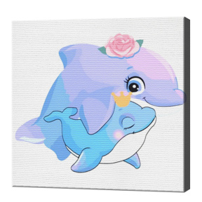 Мама дельфин с детенышем, 20х20 см, картина по номерам