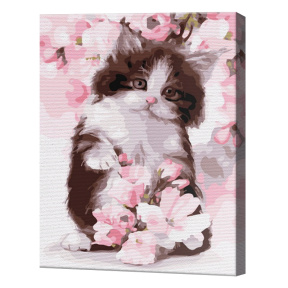 Motănaș printre flori de sakura, 30x40 cm, pictură pe numere