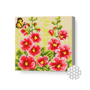 Розовые цветы и бабочка, 20х20 см, алмазная мозаика