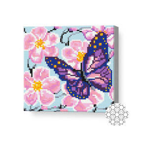 Бабочка в цветах вишни, 20х20 см, алмазная мозаика