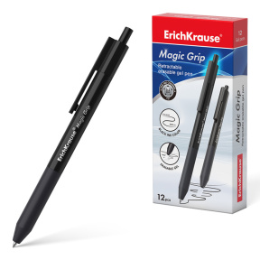 Pix cu gel cu buton ErichKrause 0,5 mm Magic Grip negru, cu cerneală care se șterge