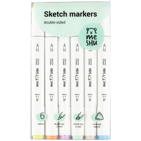 Set de markere pentru sketching MESHU 6cul., nuante pastel, corp triunghiular, varf dublu, cutie PVC