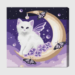 Белый котик на луне 20х20 см, картина по номерам
