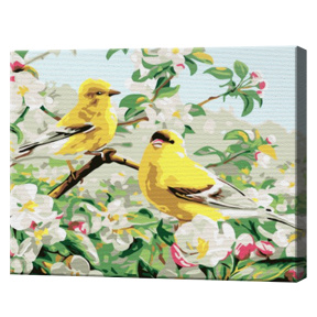 Желтые птички на веточке 20х30 см, картина по номерам