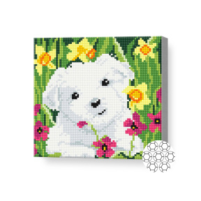 Алмазная мозаика 20x20 см Белый щенок среди цветов