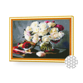 Mozaic cu diamante 30x40 cm. Vază cu bujori albi