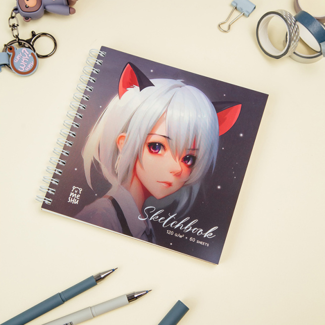 Sketchbook 60 foi, 150*150 MESHU "Neko", cu spirală, soft-touch, 120 g/m2