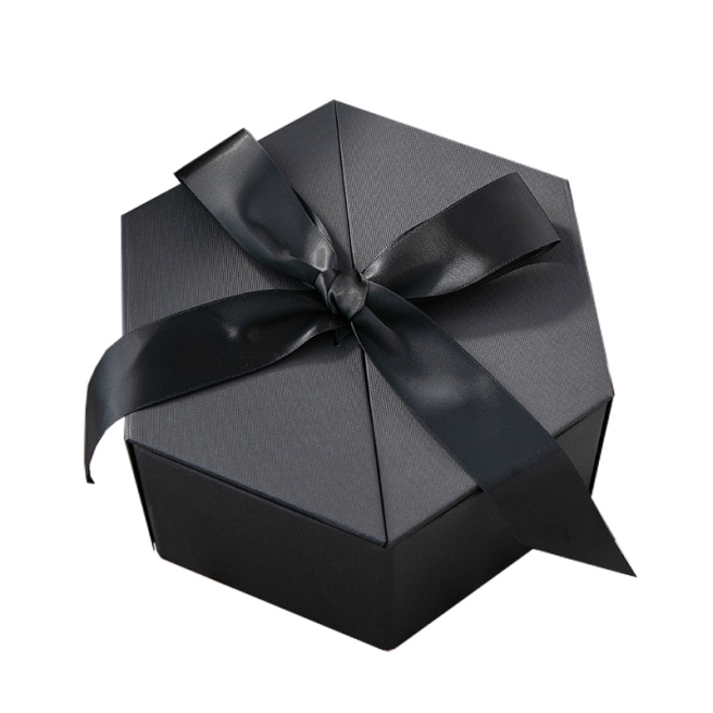 Cutie cadou Hexagon, cu panglică, 21x21x11cm, neagră