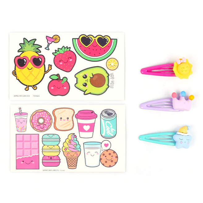 Set pentru fetițe, Accesorii păr + tatuaje "Fructe"