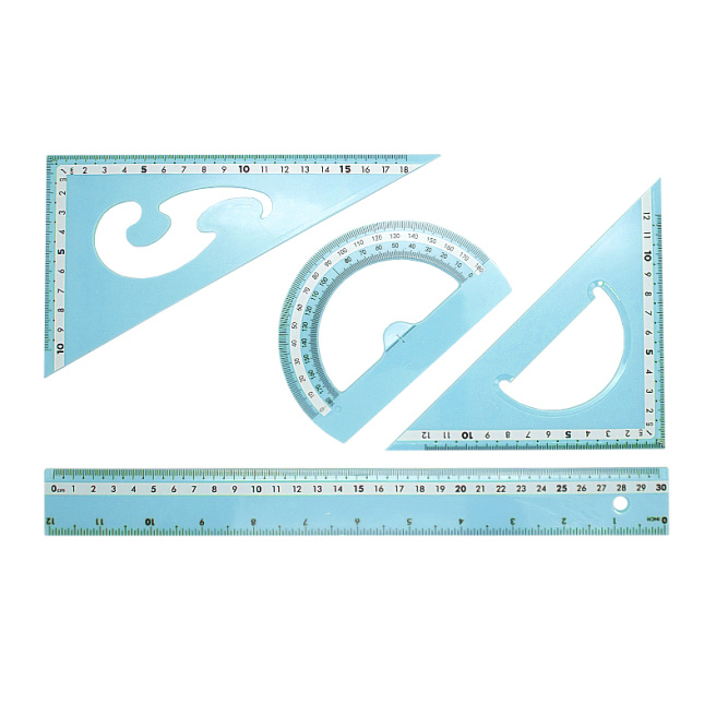 Set pentru desen liniar Adeer (triunghi 18cm, riglă 30cm, raportor), în asortiment