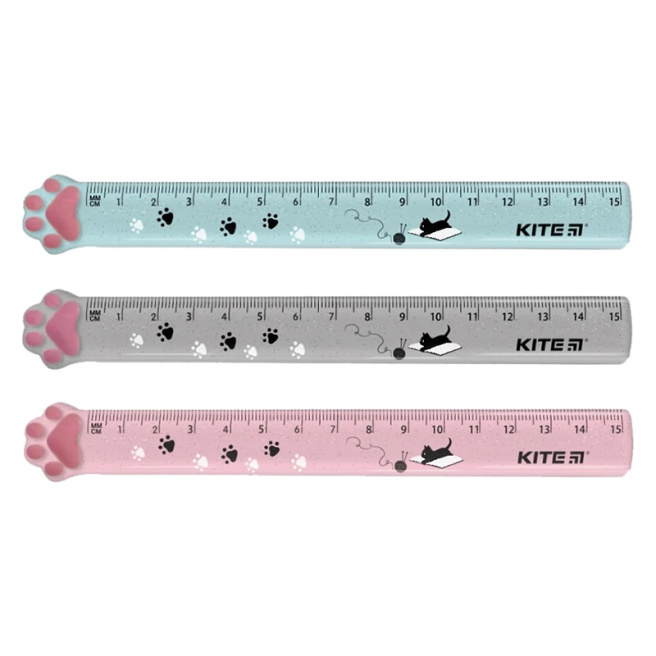 Riglă din plastic cu glitter, KITE Paws 15 cm