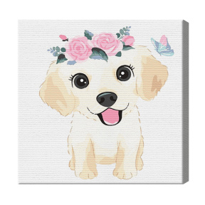 Cățeluș în coroniță de flori 20x20 cm, pictură pe numere