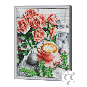 Cafea și buchet de flori 40x50 cm, mozaic cu diamante pătrate