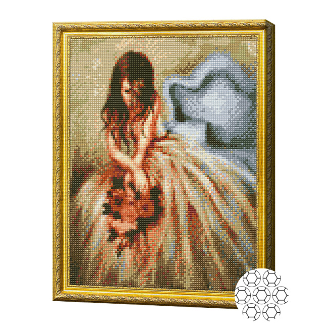 Fată cu un buchet 30x40 cm, mozaic cu diamante