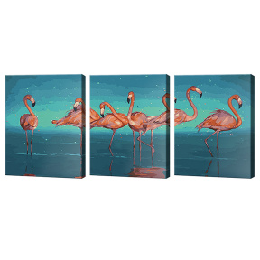 Flamingo pe fundal albastru, 40x50 cm, pictură pe numere-triptih