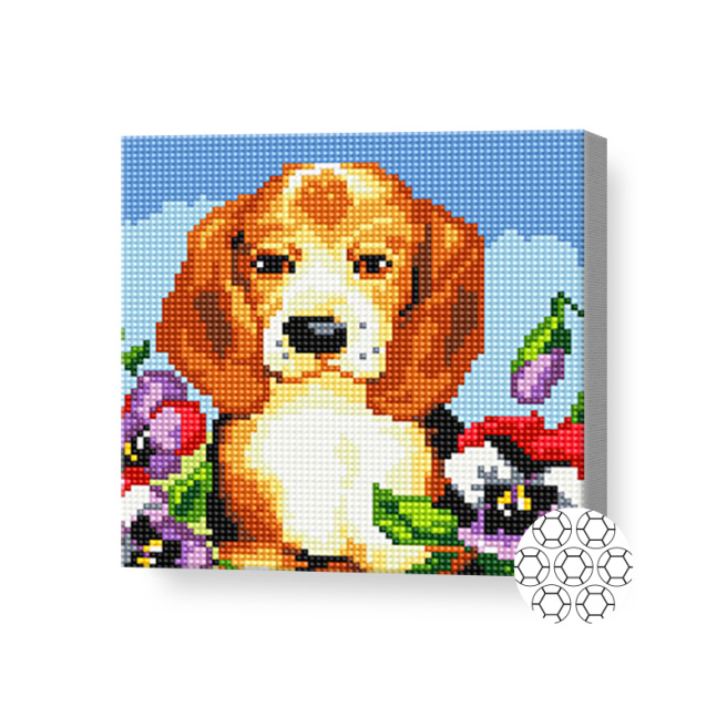 Щенок и фиалки, 20x20 см, алмазная мозаика