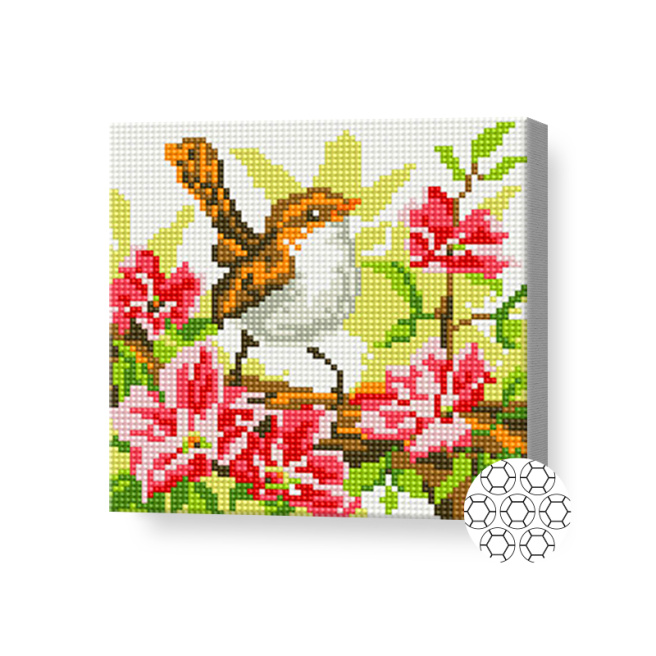 Птица на цветущей веточке, 20x20 см, алмазная мозаика