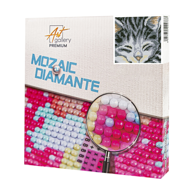Motănaș gri adormit, 20x20 cm, mozaic cu diamante