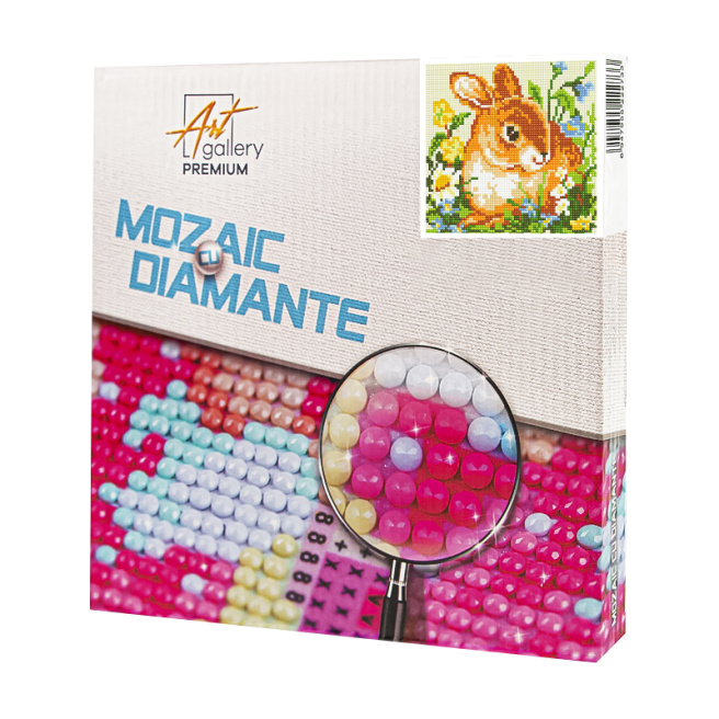 Iepuraș printre flori, 20x20 cm, mozaic cu diamante