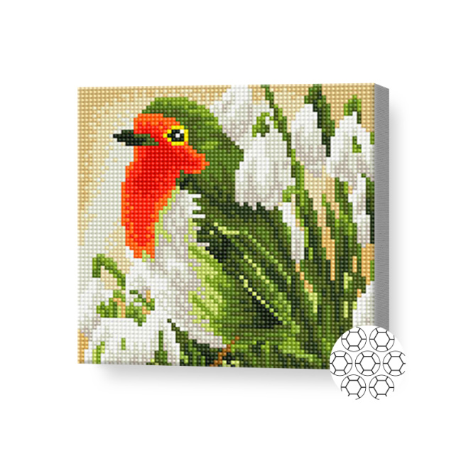 Păsărică și ghiocel, 20x20 cm, mozaic cu diamante
