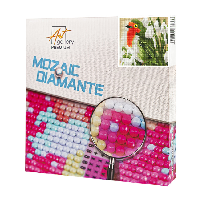 Păsărică și ghiocel, 20x20 cm, mozaic cu diamante