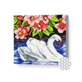 Lebădă albă și flori, 20x20 cm, mozaic cu diamante