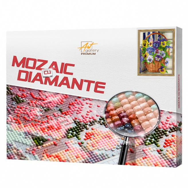 Coș cu panseluțe, 40x50 cm, mozaic cu diamante pătrate