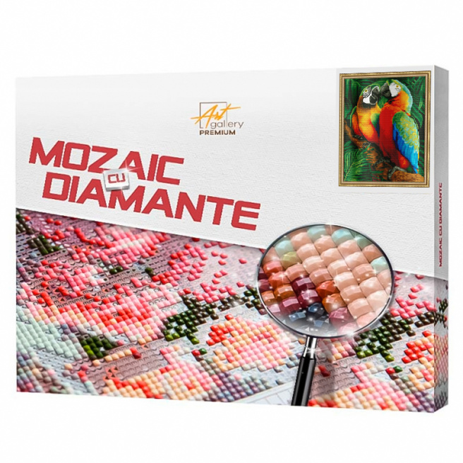 Papagali aprinși în junglă, 40x50 cm, mozaic cu diamante pătrate