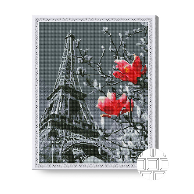 Paris gri și flori roșii, 40x50 cm, mozaic cu diamante pătrate
