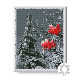 Paris gri și flori roșii, 40x50 cm, mozaic cu diamante pătrate