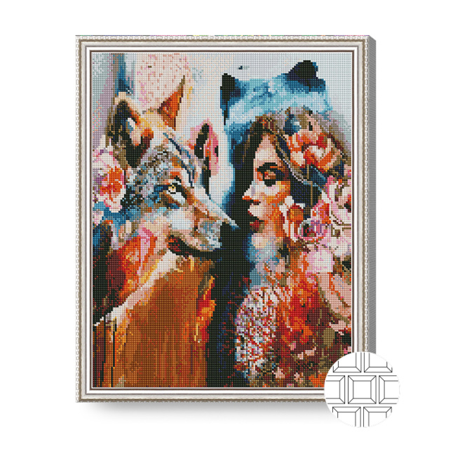 Femeie-lupoaica, 40x50 cm, mozaic cu diamante pătrate