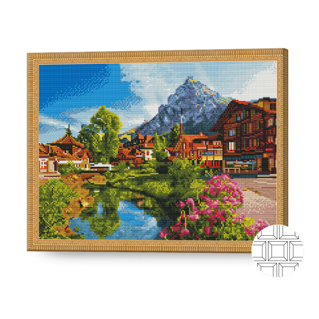 Sătuc în munți, 40x50 cm, mozaic cu diamante pătrate