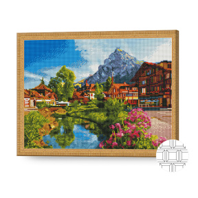 Sătuc în munți, 40x50 cm, mozaic cu diamante pătrate