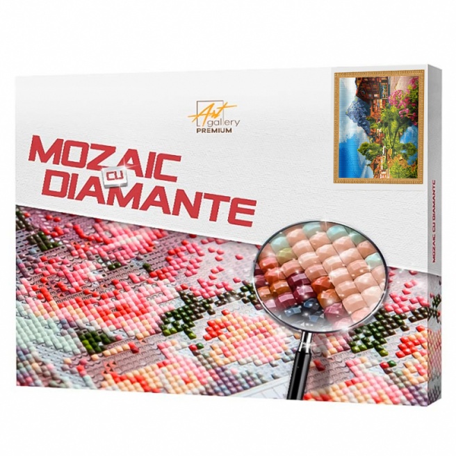 Sătuc în munți, 40x50 cm, mozaic cu diamante pătrate