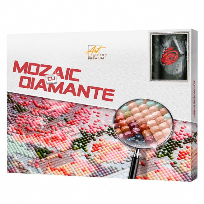 Trandafir roșu pe carte, 40x50 cm, mozaic cu diamante pătrate