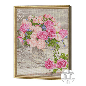 Buchet de trandafiri albi si roz, 40x50 cm, mozaic cu diamante pătrate