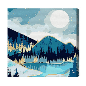 Munți albaștri și luna 20x20 cm, pictură pe numere